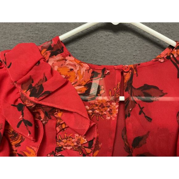 Truth NYC Blouse Womens Small Red Floral Ruffle Long Sleeve Sheer Top Boho Chic - Picture 6 of 8